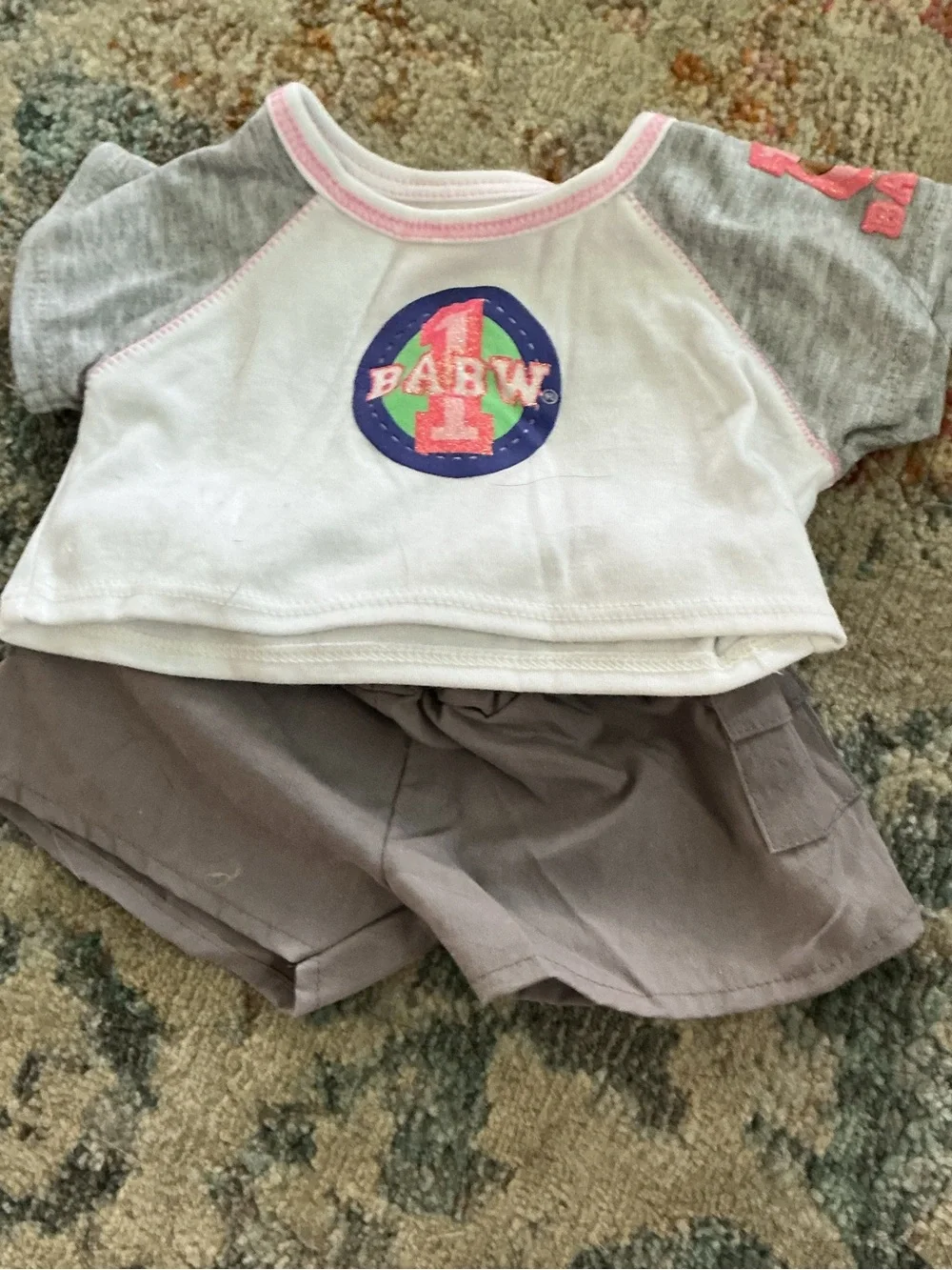 Build-A-Bear White & Gray Top with Pink Trim and Badge